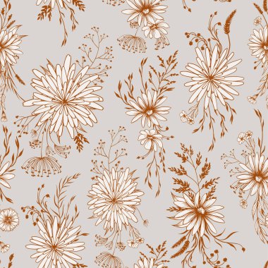 Çayır papatyalarıyla kusursuz desen. Bej arka planda el çizimi sanat süsleri. Basit vektör kontur grafikleri.