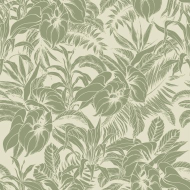 Yeşil arka planda palmiye yaprakları olan pürüzsüz bir desen. El çizimi vektör botanik arkaplanı.