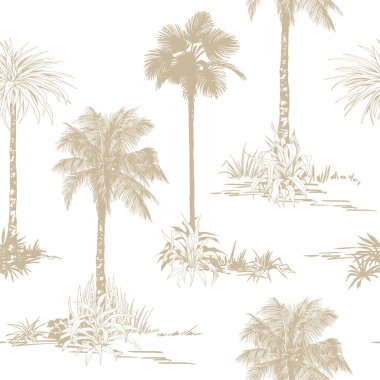 Palmiye ağaçları manzaralı pürüzsüz bir desen. Toile de Jouy tarzı. El çizimi vektör illüstrasyonu.