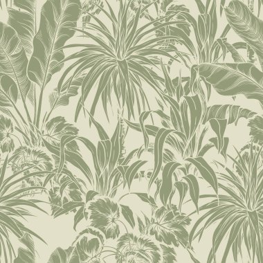 Yeşil arka planda palmiye yaprakları olan pürüzsüz bir desen. El çizimi vektör botanik arkaplanı.