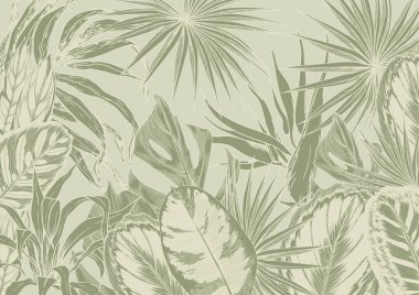Yeşil arka planda egzotik yaprakları olan tropik bir arka plan. Vektör botanik desen.