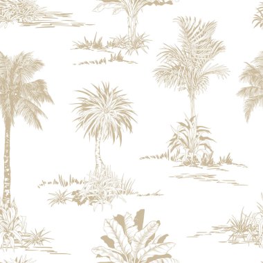 Tropik palmiye ağaçları manzaralı kusursuz bir desen. Toile de Jouy tarzı. El çizimi vektör illüstrasyonu.