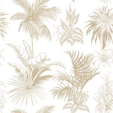 Palmiye yapraklarıyla kusursuz desen. Toile de Jouy retro tarzı. Botanik el çizimi çizimi.