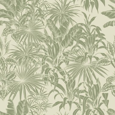 Yeşil arka planda palmiye yaprakları olan pürüzsüz bir desen. El çizimi vektör botanik arkaplanı.
