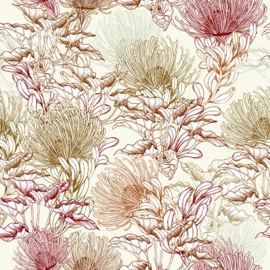 Egzotik protea çiçekleriyle kusursuz desen. Çizgi sanatı botanik geçmişi. El çizimi vektör illüstrasyonu.