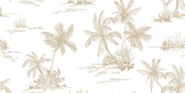 Tropik palmiye ağaçları manzaralı kusursuz bir desen. Toile de Jouy tarzı. El çizimi vektör illüstrasyonu.
