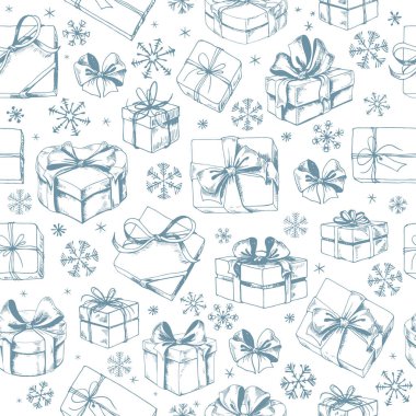 Hediye kutusu krokisi. Mevcut kutular, kurdele yay ve Noel dalları büyük set. Elle çizilmiş vektör illüstrasyonu.