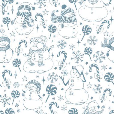 Kardan adam ve kar tanesi beyaz arka planda kusursuz desen. Doodle biçimi El çizilmiş vektör çizimi.