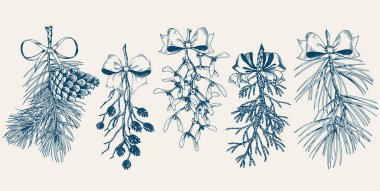 Set of forest twigs with ribbon bows. Pine, mistletoe, cedar and thuia branches. Christmas decor clipart. Blue shade hand drawn vector illustration. clipart