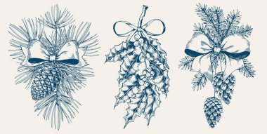 Kurdeleli orman dalları seti. Çam, ladin ve kutsal dut dalları. Noel dekor klipsi. Mavi gölge el çizimi vektör illüstrasyonu.