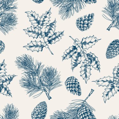 Çam dalları, kozalaklar ve kutsal böğürtlen bitkileriyle kusursuz desen. Beyaz arkaplanda elle çizilmiş vektör çizimi.