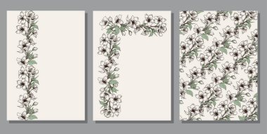 Bahar kiraz çiçekli kartlar. El çizimi sanat vektörü illüstrasyonu.