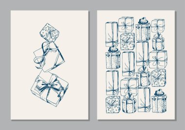 İçinde hediye kutuları olan kartlar. Noel ağacı şeklinde. El çizimi vektör illüstrasyonu.