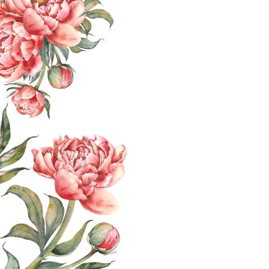 Pembe şakayık çiçekli tebrik kartı. Suluboya resimleme çiçek arkaplanı.