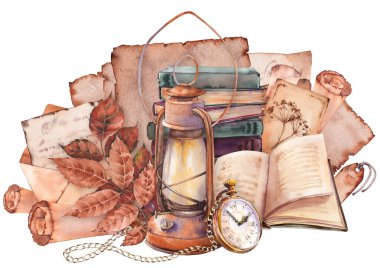 Eski kitaplar, kağıt parşömenler, cep saati ve gaz lambası. Klasik kütüphane klipsi sanatı. Elle boyanmış suluboya resim.