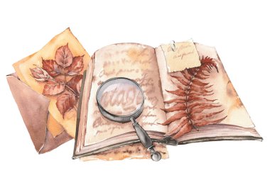 Büyüteçle birlikte antika bir kitap. Elle boyanmış suluboya resim.