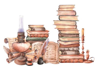 Eski kitap yığınları, gaz lambaları, mumlar ve kağıt parşömenler. Klasik kütüphane klipsi sanatı. Elle boyanmış suluboya resim.