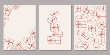 El çizimi hediye kutuları olan kartlar. Çizgi çizgisi sanat vektörü çizimi.