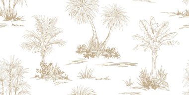 Palmiye ağaçlarıyla kusursuz desen. Peyzaj çizimleri. Toile de Jouy tarzı. El çizimi vektör illüstrasyonu.