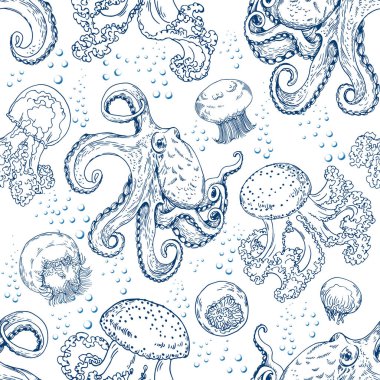 Ahtapot, denizanası ve sualtı canlılarıyla kusursuz desen. Beyaz arkaplanda elle çizilmiş vektör çizimi.