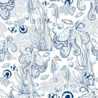 Ahtapot, yosun ve tropikal balıklarla kusursuz bir desen. Su altı manzarası. Beyaz arkaplanda elle çizilmiş vektör çizimi.