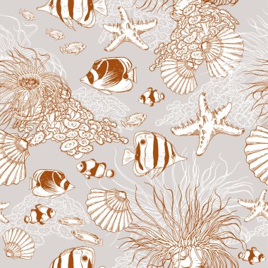 Su altı yaratıklarının, kabukların ve tropikal balıkların kusursuz desenleri. Gri arkaplanda elle çizilmiş vektör çizimi.