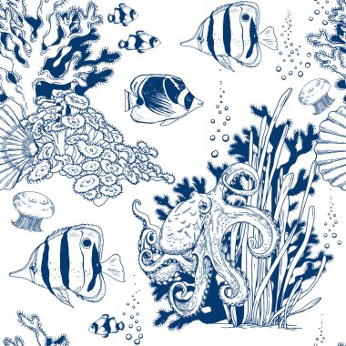 Ahtapot, yosun ve tropikal balıklarla kusursuz bir desen. Su altı manzarası. Beyaz arkaplanda elle çizilmiş vektör çizimi.
