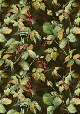 Yeşil gül dallı sanat baskısı. Koyu arkaplanda suluboya resim.