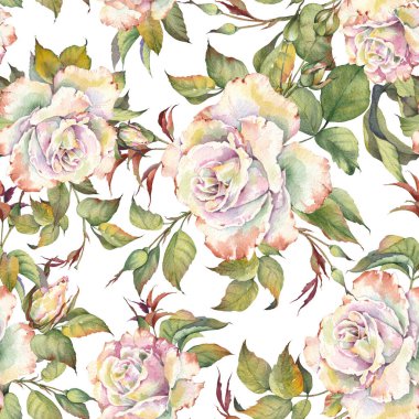 Elle boyanmış gül çiçekleriyle kusursuz bir desen. Kumaş, kağıt ve tekrarlanan baskılar için suluboya çizimi.