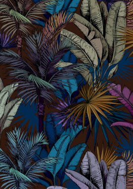 Tropikal yeşil yapraklı ve palmiye ağaçlı sanat baskısı. Soyut renkli botanik geçmişi. El çizimi vektör illüstrasyonu.