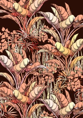 Siyah arka planda tropikal yapraklı sanat baskısı. El çizimi vektör illüstrasyonu.