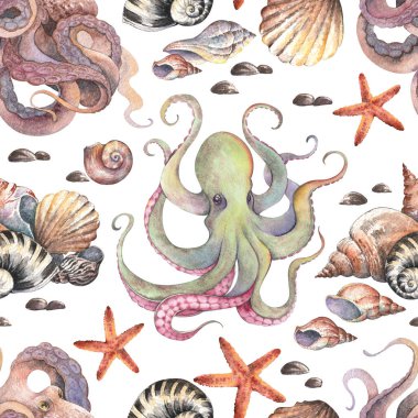 Ahtapot ve sualtı canlılarında kusursuz desen. Elle boyanmış deniz yaban hayatı illüstrasyonu.