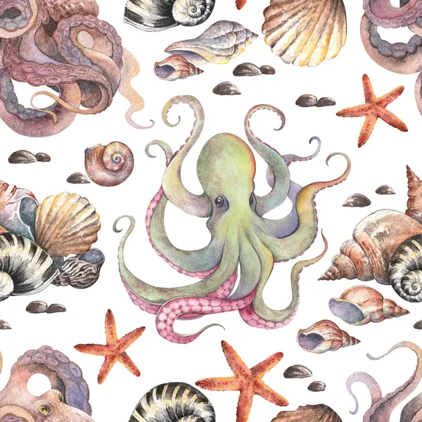 Ahtapot ve sualtı canlılarında kusursuz desen. Elle boyanmış deniz yaban hayatı illüstrasyonu.