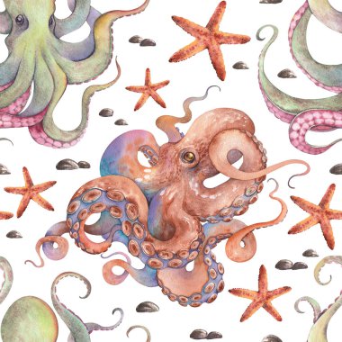 Ahtapot ve sualtı canlılarında kusursuz desen. Elle boyanmış deniz yaban hayatı illüstrasyonu.