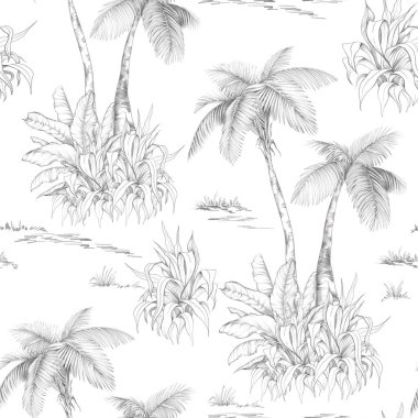 Beyaz arka planda tropikal ağaçlarla kusursuz bir desen. El çizimi kalem çizimi.
