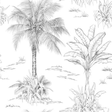 Beyaz arka planda tropikal ağaçlarla kusursuz bir desen. El çizimi kalem çizimi.