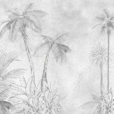 Tropik yağmur ormanları. El yapımı palmiye ağaçları ve yapraklar. Tek renkli yemyeşil yaprak çizimi.
