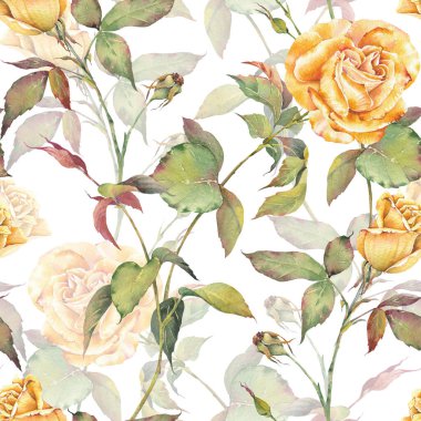 Romantik sarı güller, kusursuz suluboya çiçek deseni. Kızarık Gül Buketleri tasarımı. Markalaşma, ambalaj, tekstil, tebrik kartları, hatıra defteri ve diğer tasarım projeleri için harika..