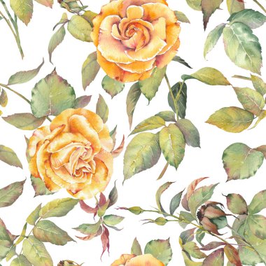Sarı güller, dikişsiz suluboya çiçek deseni. Kızarık Gül Buketleri tasarımı. Markalaşma, ambalaj, tekstil, hatıra defteri ve diğer tasarım projeleri için harika.
