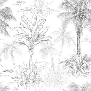 Elle çizilmiş palmiye ağaçları ve çizim şeklinde tropikal yapraklarla kusursuz desen. Tek renkli botanik tasarım kumaş, duvar kağıdı ve ambalaj için mükemmel. Temiz ve doğal bir görünüm ve klasik bir his..