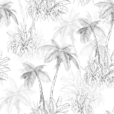 Elle çizilmiş palmiye ağaçları ve çizim şeklinde tropikal yapraklarla kusursuz desen. Monokrom botanik tasarımı kumaş, duvar kağıdı ve ambalaj için mükemmeldir..