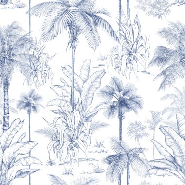 Elle çizilmiş palmiye ağaçları ve çizim şeklinde tropikal yapraklarla kusursuz desen. Monokrom botanik tasarımı kumaş, duvar kağıdı ve ambalaj için mükemmeldir..