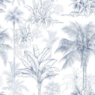 Elle çizilmiş palmiye ağaçları ve çizim şeklinde tropikal yapraklarla kusursuz desen. Mavi monokrom botanik tasarımı kumaş, duvar kağıdı ve ambalaj için mükemmeldir..