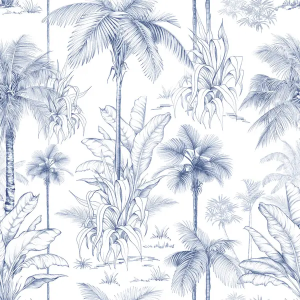 Elle çizilmiş palmiye ağaçları ve çizim şeklinde tropikal yapraklarla kusursuz desen. Monokrom botanik tasarımı kumaş, duvar kağıdı ve ambalaj için mükemmeldir..