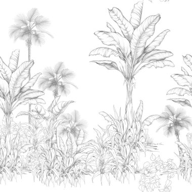 Elle çizilmiş palmiye ağaçları ve çizim şeklinde tropikal yapraklarla kusursuz desen. Tek renkli botanik tasarım kumaş, duvar kağıdı ve ambalaj için mükemmel. Temiz ve doğal bir görünüm ve klasik bir his..