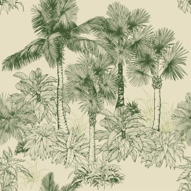 Palmiye ağaçları ve tropikal bitkilerle kusursuz desen. Toile de Jouy tarzı. El çizimi vektör illüstrasyonu.