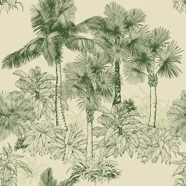 Palmiye ağaçları ve tropikal bitkilerle kusursuz desen. Toile de Jouy tarzı. El çizimi vektör illüstrasyonu.