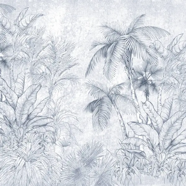 Tropik yağmur ormanları. El yapımı palmiye ağaçları ve yapraklar. Tek renkli yemyeşil yaprak çizimi.