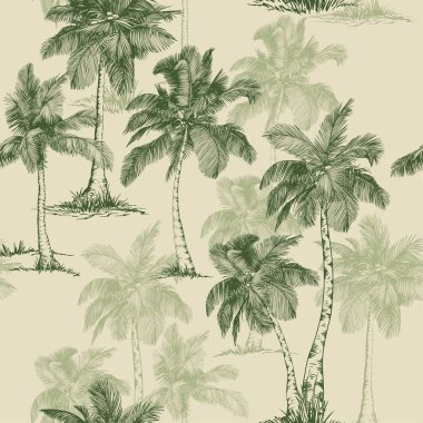Hindistan cevizi palmiyeleri ve tropikal bitkilerle kusursuz desen. Toile de Jouy tarzı. El çizimi vektör illüstrasyonu.