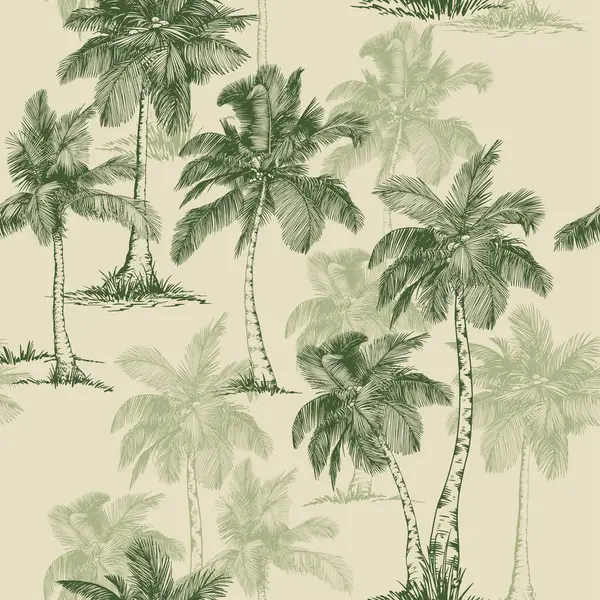 Hindistan cevizi palmiyeleri ve tropikal bitkilerle kusursuz desen. Toile de Jouy tarzı. El çizimi vektör illüstrasyonu.